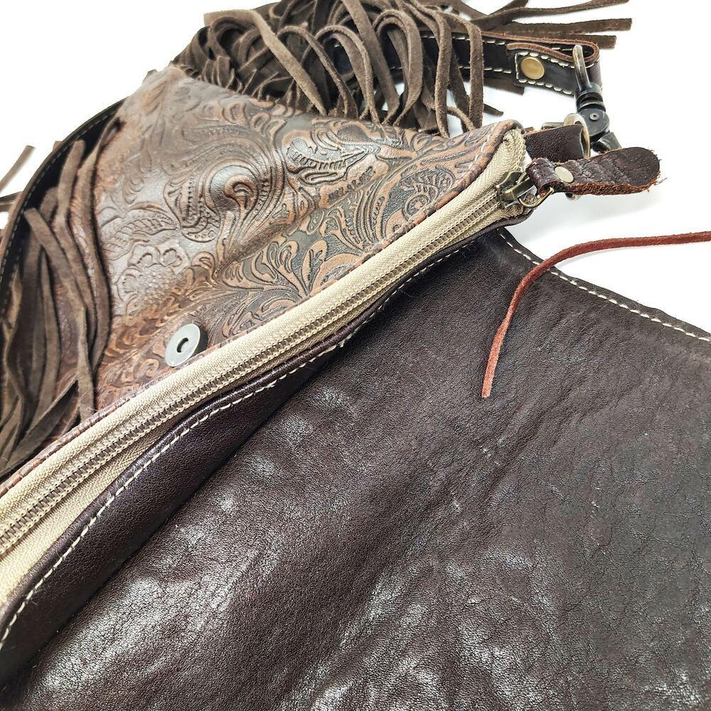 Myra Bag Aztec Motif Leather Fringe Purse Boho Western Brown Red Crossbody Bag - Picture 7 of 9